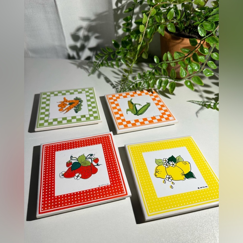 Vintage GIFTCO Fruit & Vegetable Ceramic Tile Coasters